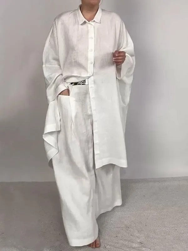Women’s Asymmetric Shirt Trouser Set – Oversized Button-Front Top with Wide-Leg Pocket Trousers for Casual Wear