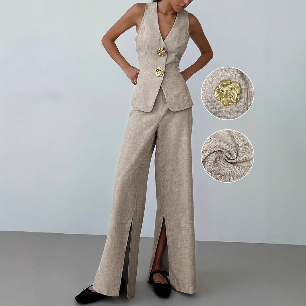 Women’s Elegant Blazer Trousers Suit – Tailored Stylish Wide Leg Formal Office Occasion Outfit