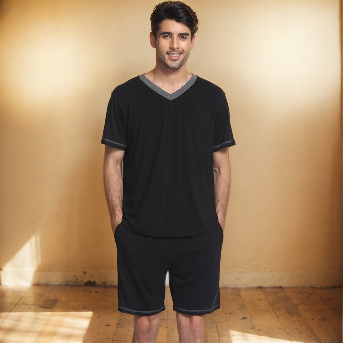 Herren-Sportset mit V-Ausschnitt aus zwei Teilen – Lässiges Oberteil mit kurzen Ärmeln und passenden Trainingsshorts