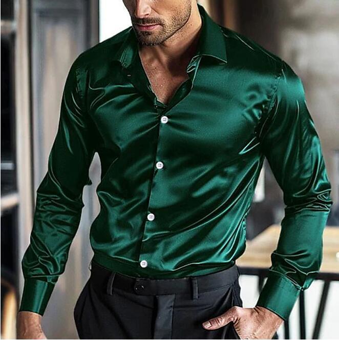 Camicia da uomo in raso con bottoni - Camicia elegante slim fit a maniche lunghe con bottoni a contrasto per look da sera e formali