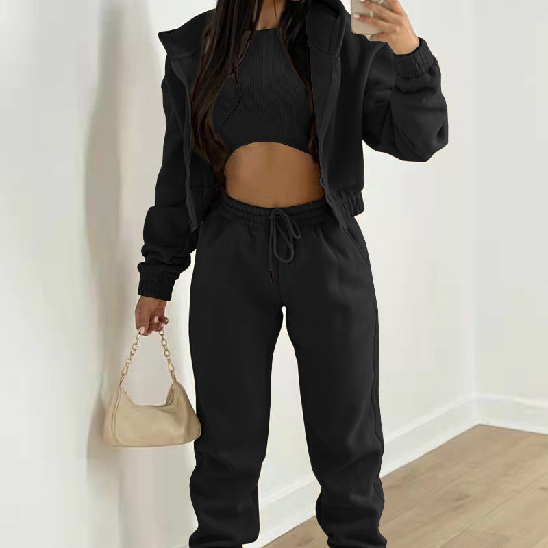Women’s Three-Piece Athleisure Co-Ord Set – Cropped Ribbed Tank Top with Zip-Up Hoodie and Drawstring Joggers for Casual Wear