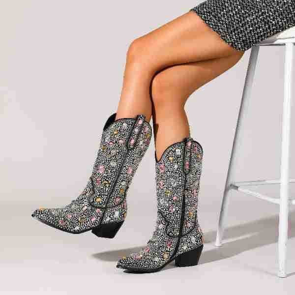 Women’s Rhinestone Cowboy Boots – Pointed-Toe Western Boots with Block Heel for Statement Evening Wear