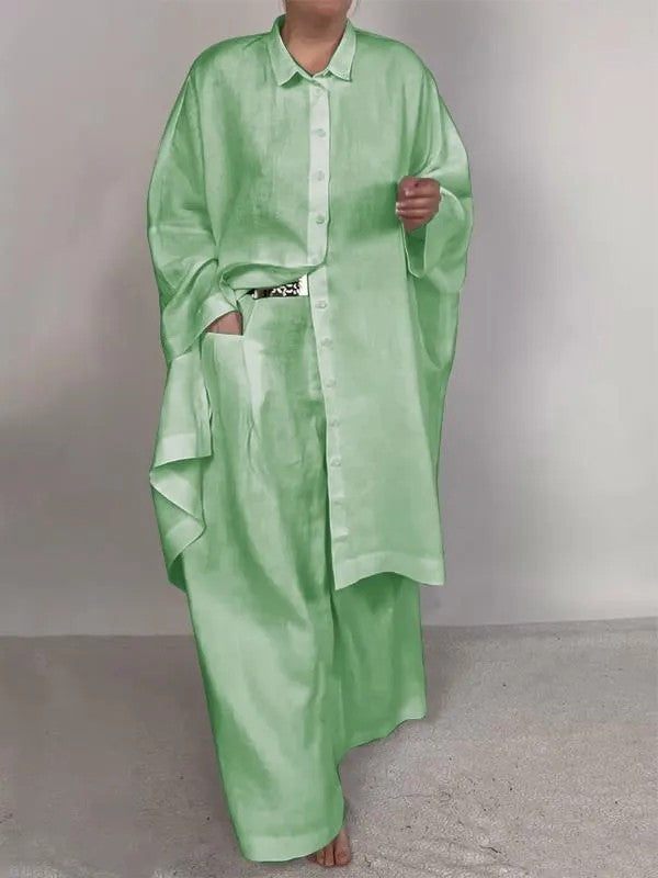 Women’s Asymmetric Shirt Trouser Set – Oversized Button-Front Top with Wide-Leg Pocket Trousers for Casual Wear