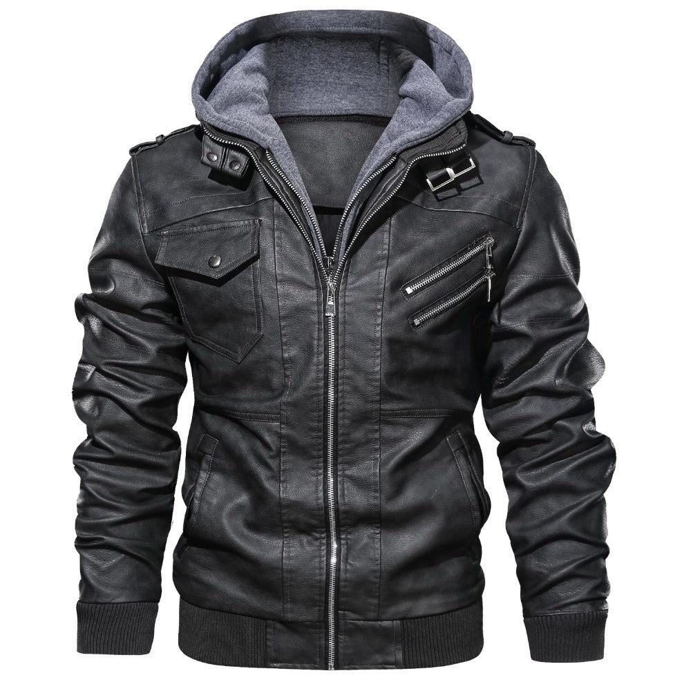 Men’s Hooded Leather Moto Jacket – Multi-Zip Casual Layer for Cooler Days