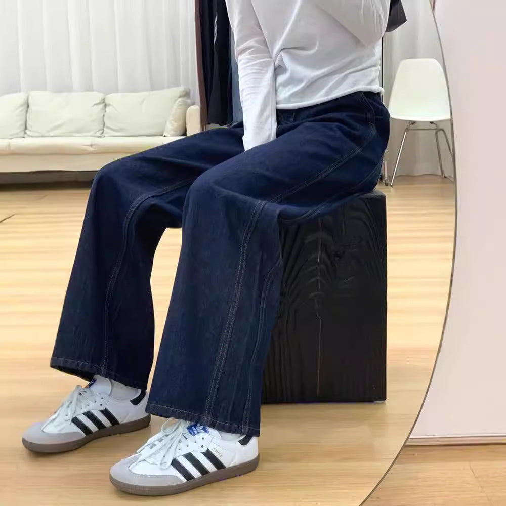 Damejeans med høj talje, gulvlængde og vide ben i denim