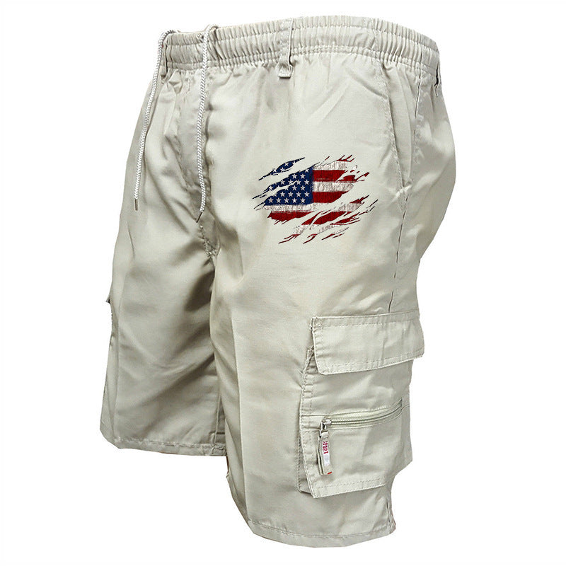 Pantaloncini cargo grafici da uomo - Vita elasticizzata con coulisse, tasche funzionali e dettaglio con bandiera americana per l'estate