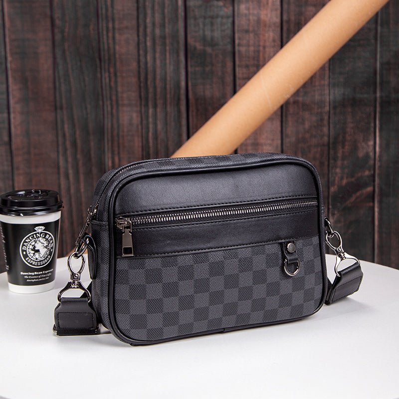 Men’s Checked Leather Crossbody Messenger Bag With Zip Compartments
