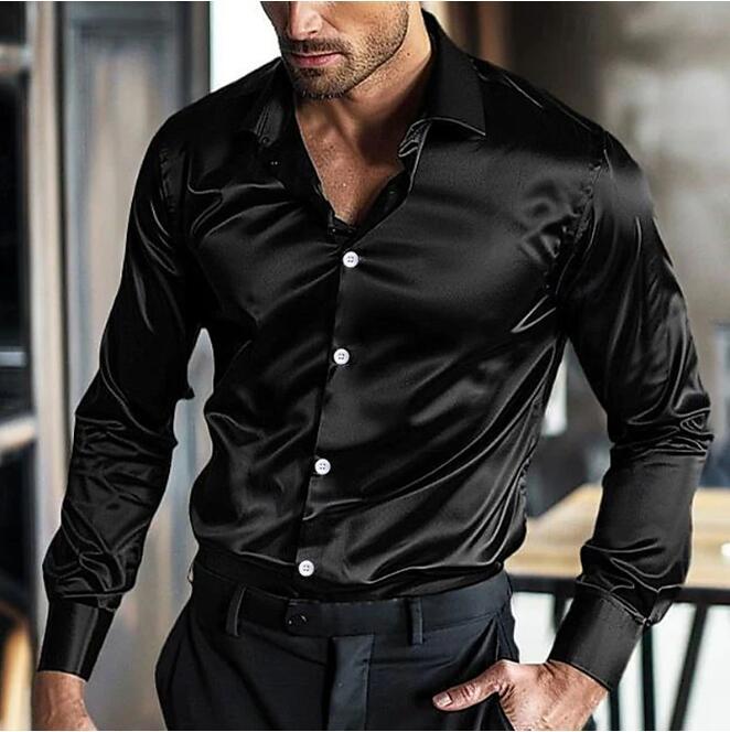 Camicia da uomo in raso con bottoni - Camicia elegante slim fit a maniche lunghe con bottoni a contrasto per look da sera e formali