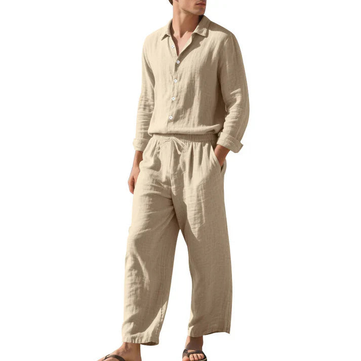 Set pentru bărbați din in, cămașă și pantaloni lejeri asortați