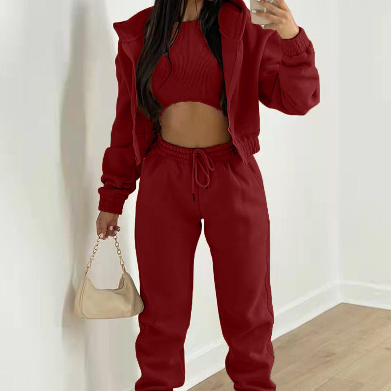 Women’s Three-Piece Athleisure Co-Ord Set – Cropped Ribbed Tank Top with Zip-Up Hoodie and Drawstring Joggers for Casual Wear