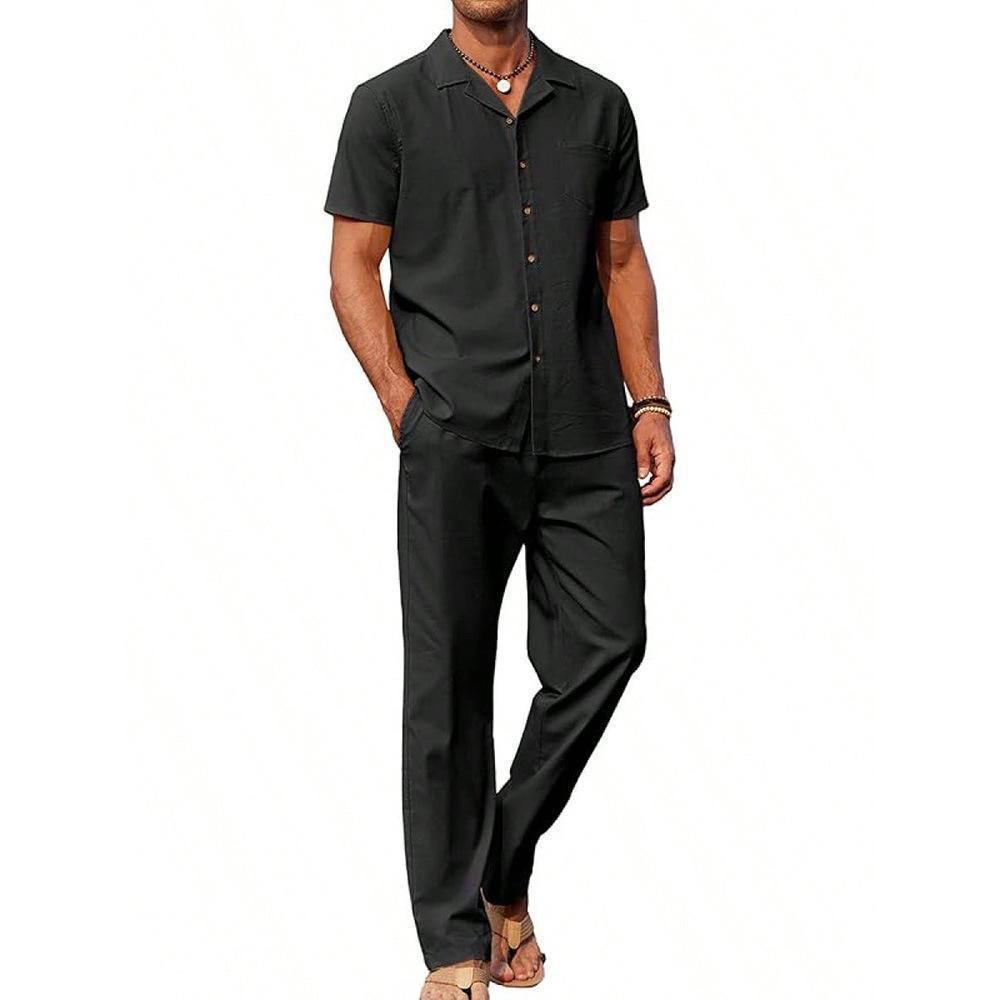 Men’s Revere Collar Button Shirt and Tapered Trousers Set