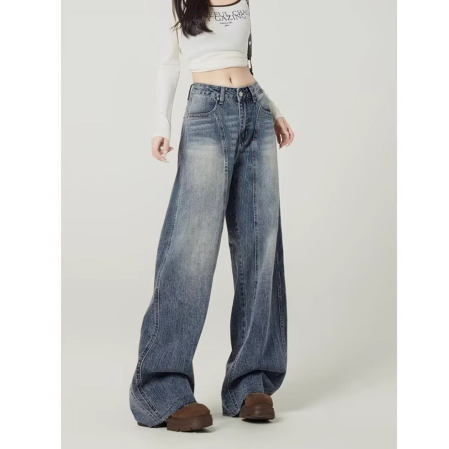 Damejeans med høj talje, vasket, brede ben og tøndeformet denim
