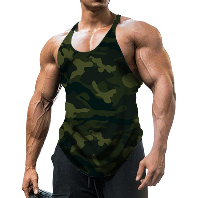 Męski sportowy tank top na siłownię z nadrukiem, dekoltem w serek i wycięciem racerback bez rękawów