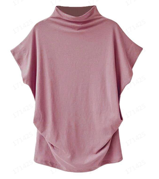 Women’s Draped High Neck Top with Short Batwing Sleeves and Asymmetric Hem – Relaxed Oversized Style for Smart Casual and Evening Outfits