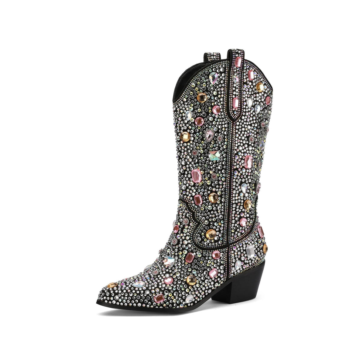 Women’s Rhinestone Cowboy Boots – Pointed-Toe Western Boots with Block Heel for Statement Evening Wear