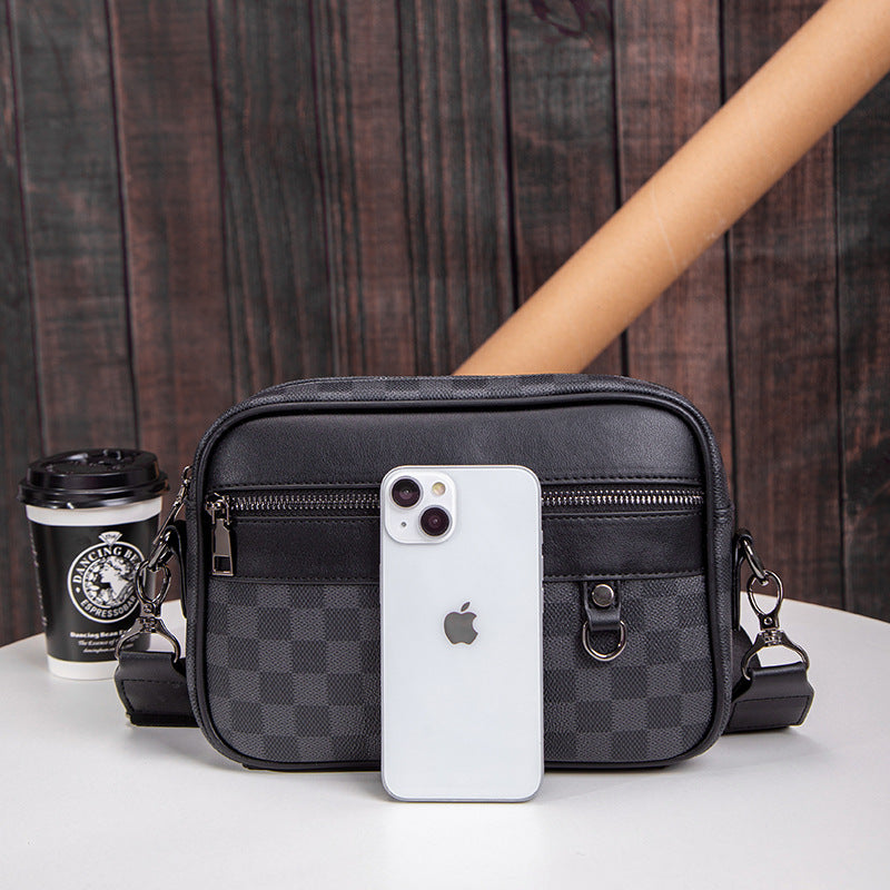 Men’s Checked Leather Crossbody Messenger Bag With Zip Compartments