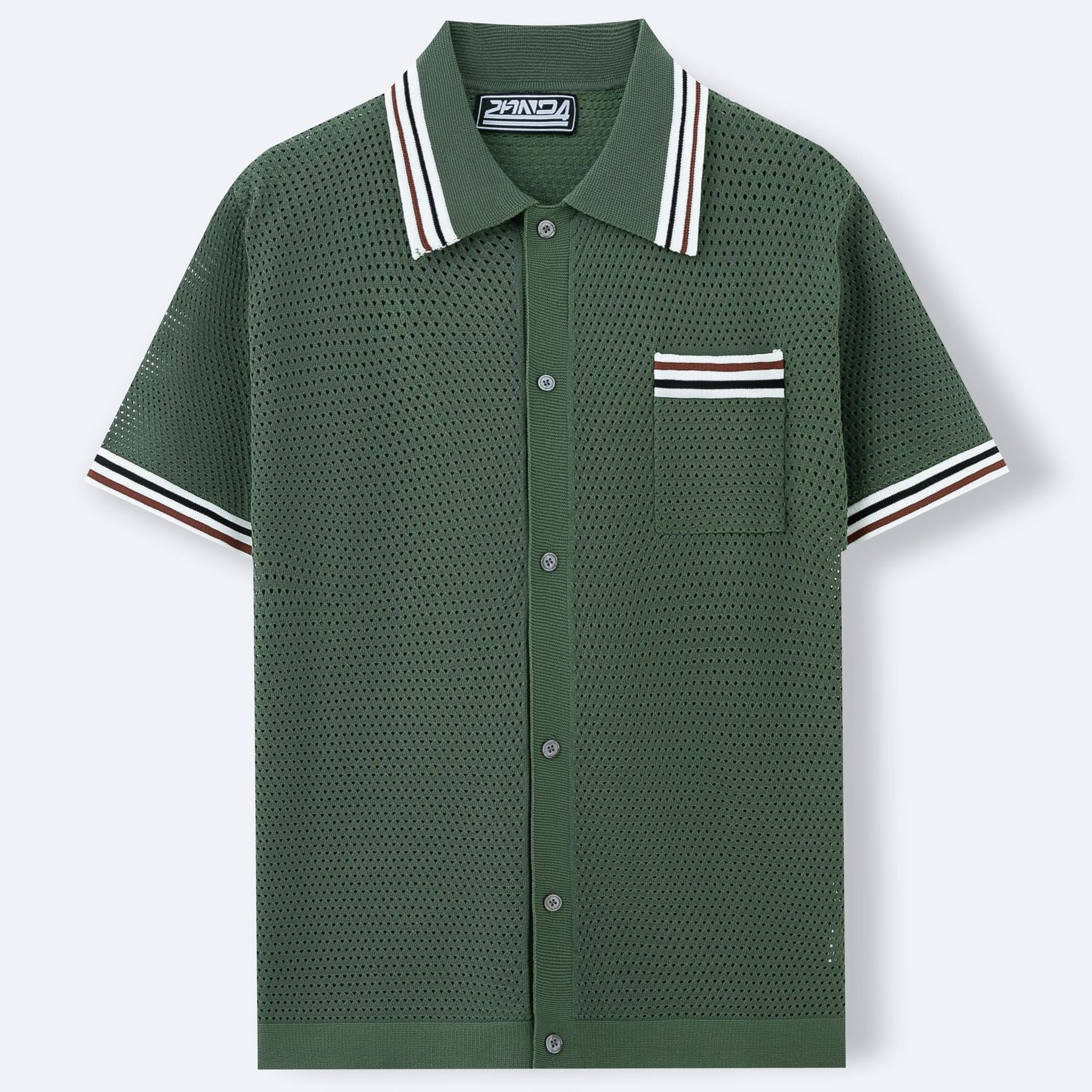 Men’s Textured Knit Polo Shirt Striped Trim Button Front
