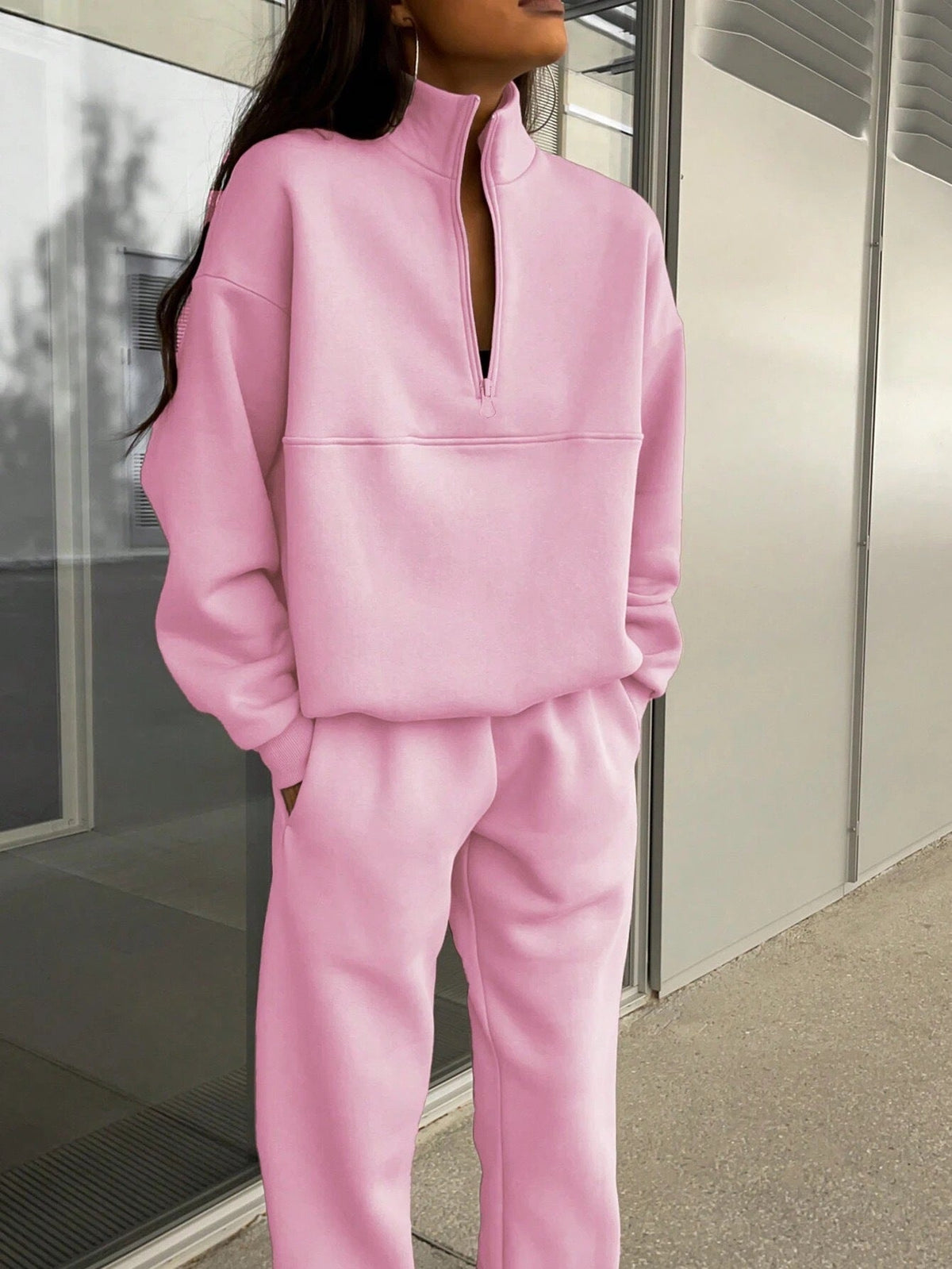 Dames set met sweatshirt en halve rits – Oversized pullover met relaxte joggingbroek