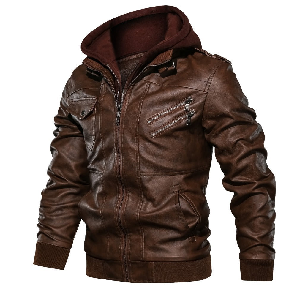 Men’s Hooded Leather Moto Jacket – Multi-Zip Casual Layer for Cooler Days