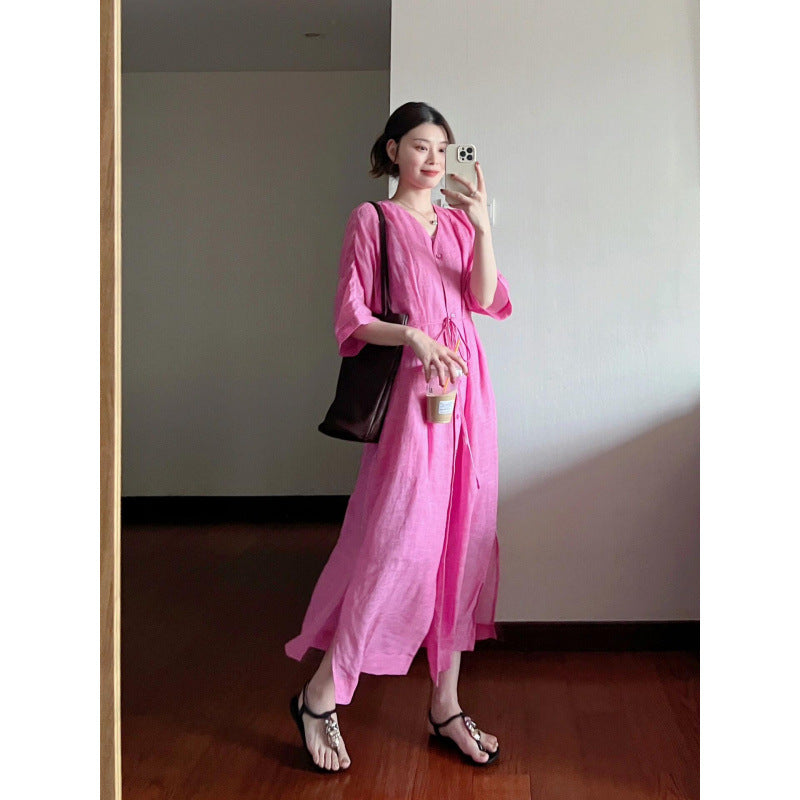Women’s V Neck Button Front Relaxed Maxi Dress