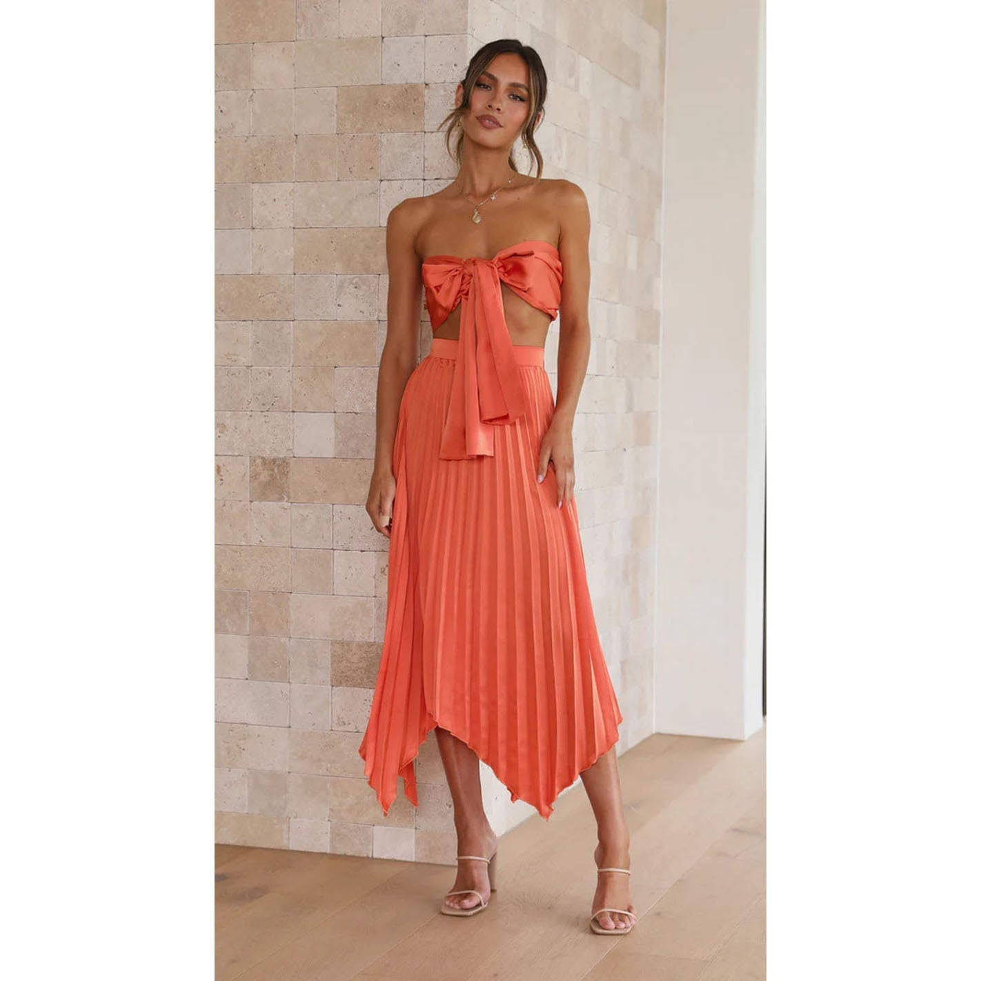 Conjunto elegante de dos piezas para mujer con falda midi plisada para vacaciones