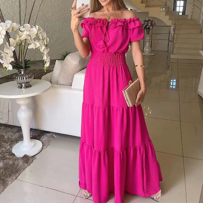 Abito maxi da donna con spalle scoperte, balze e vita arricciata – scollo con volant, modello estivo da vacanza