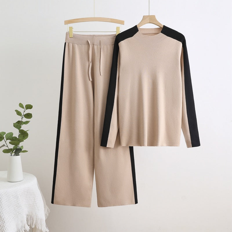 Completo da donna in maglia di viscosa - top a maniche lunghe con pantaloni a gamba larga, vita alta e coulisse
