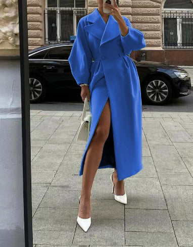 Women's Elegant Long Wool Winter Coat with Double-Breasted Button Front and Wide Notched Lapels – Tailored Fitted Waist Maxi Overcoat with Statement Sleeves for Sophisticated Office Wear and Formal Autumn Winter Styling