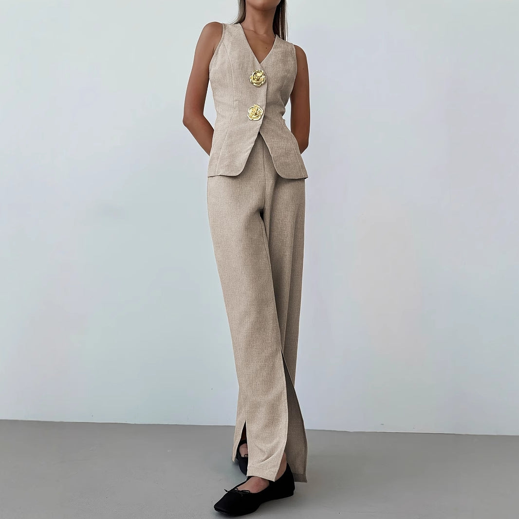 Women’s Elegant Blazer Trousers Suit – Tailored Stylish Wide Leg Formal Office Occasion Outfit