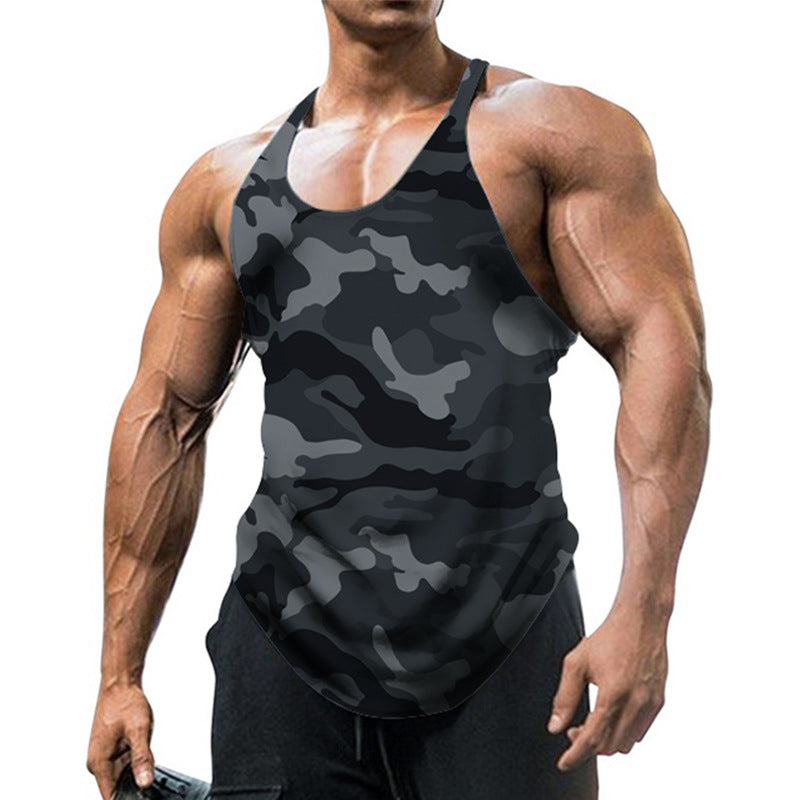 Męski sportowy tank top na siłownię z nadrukiem, dekoltem w serek i wycięciem racerback bez rękawów