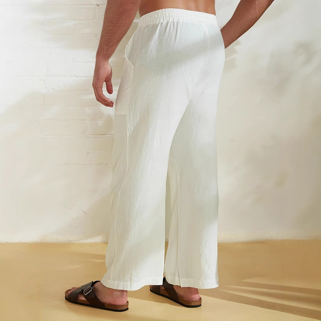 Pantaloni ampi da uomo in lino dal taglio morbido - Pantaloni a gamba larga con coulisse, tasche funzionali e dettaglio con palma per l'estate