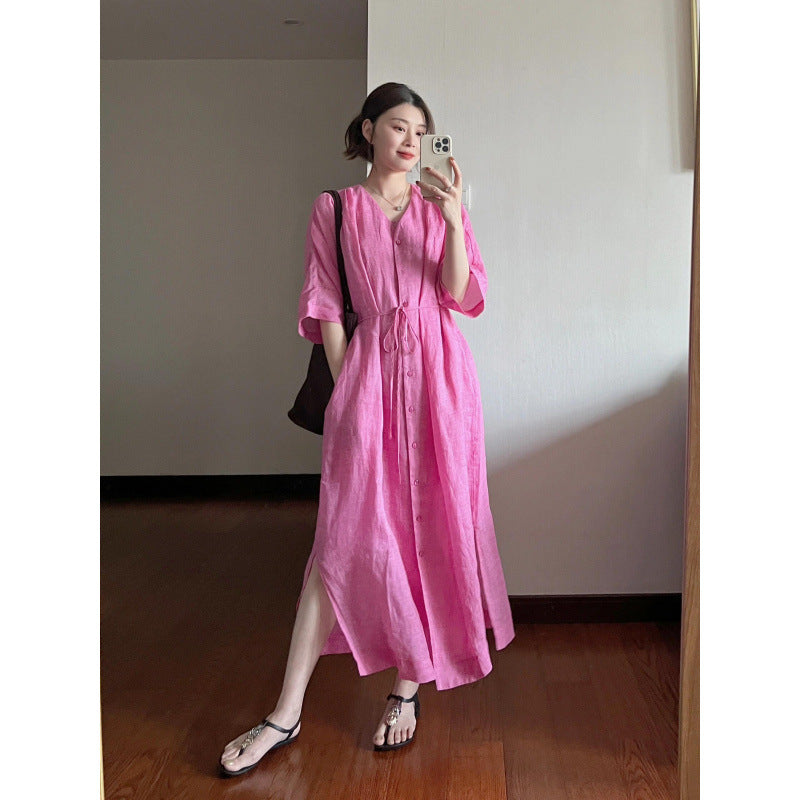 Women’s V Neck Button Front Relaxed Maxi Dress