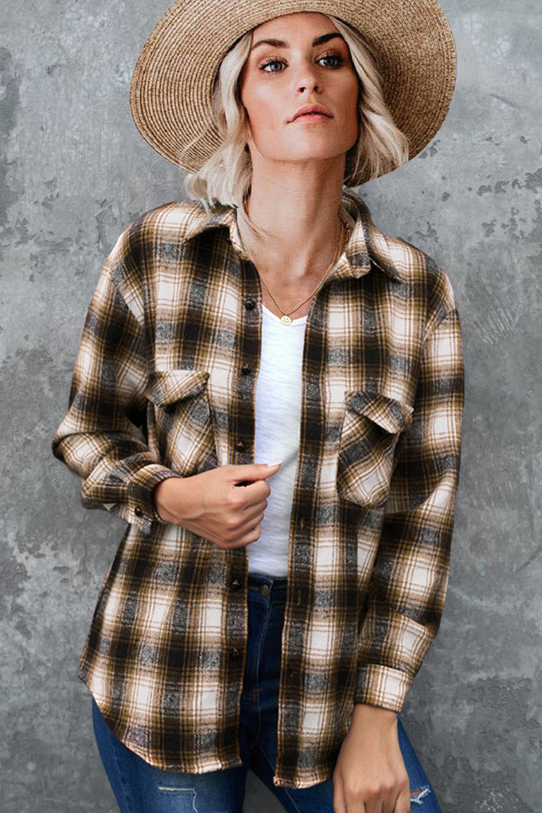 Giacca Camicia in Flanella a Quadri da Donna con Tasche – Calda, Confortevole, Elegante, Casual, Perfetta per Strati Quotidiani