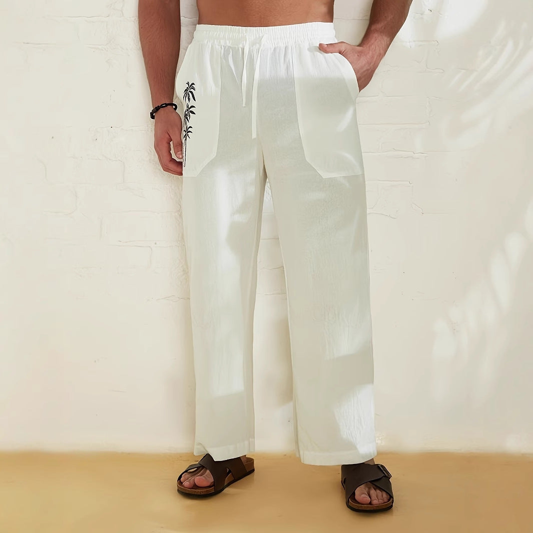 Pantaloni ampi da uomo in lino dal taglio morbido - Pantaloni a gamba larga con coulisse, tasche funzionali e dettaglio con palma per l'estate