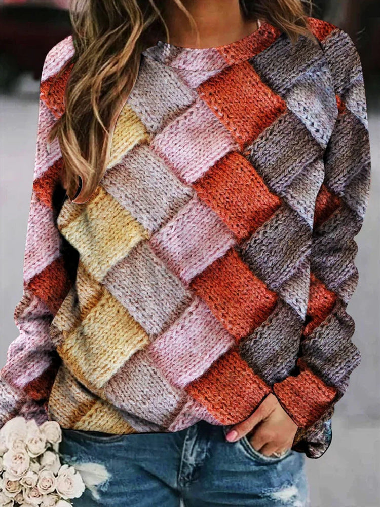 Women’s Patchwork Knit Sweater – Textured Crew-Neck Pullover for Cosy Seasonal Styling