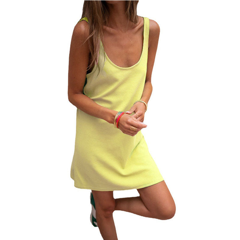 Vestito corto da donna senza maniche con scollo rotondo e vestibilità morbida - Abito casual sopra il ginocchio per l’estate e le vacanze