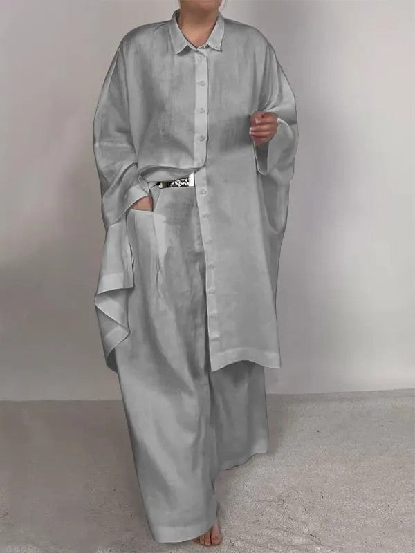 Women’s Asymmetric Shirt Trouser Set – Oversized Button-Front Top with Wide-Leg Pocket Trousers for Casual Wear