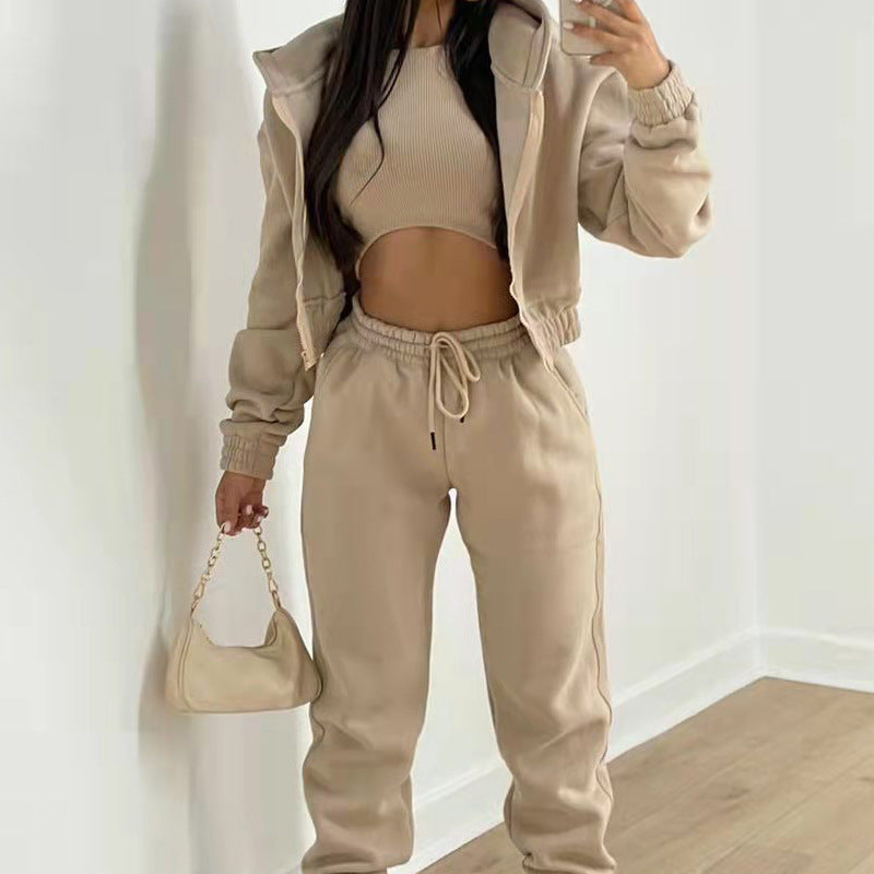 Women’s Three-Piece Athleisure Co-Ord Set – Cropped Ribbed Tank Top with Zip-Up Hoodie and Drawstring Joggers for Casual Wear