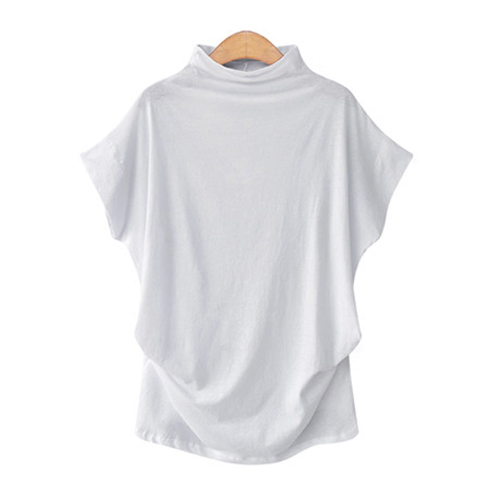 Women’s Draped High Neck Top with Short Batwing Sleeves and Asymmetric Hem – Relaxed Oversized Style for Smart Casual and Evening Outfits