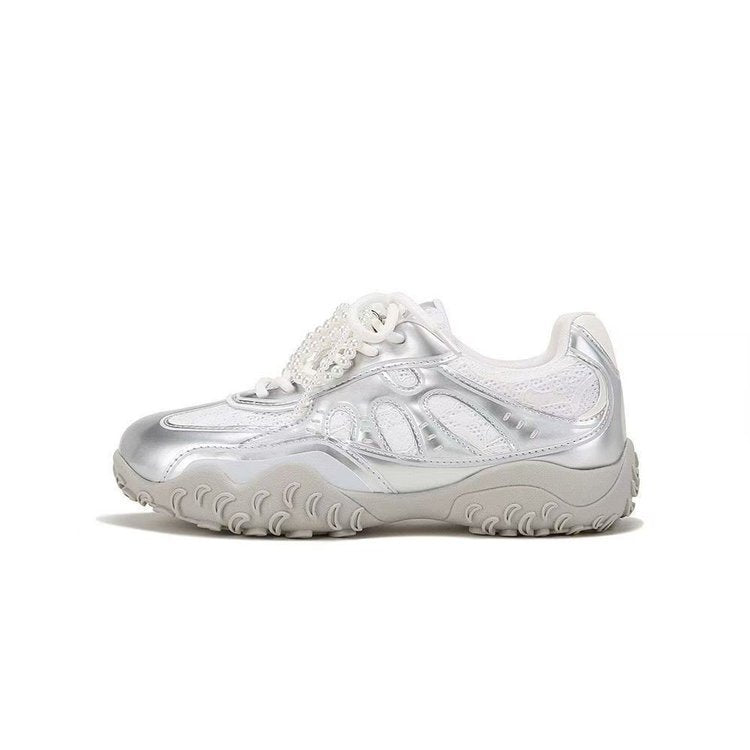 Zapatillas deportivas voluminosas de malla para mujer con suela esculpida – Calzado con paneles y cordones para conjuntos informales de diario