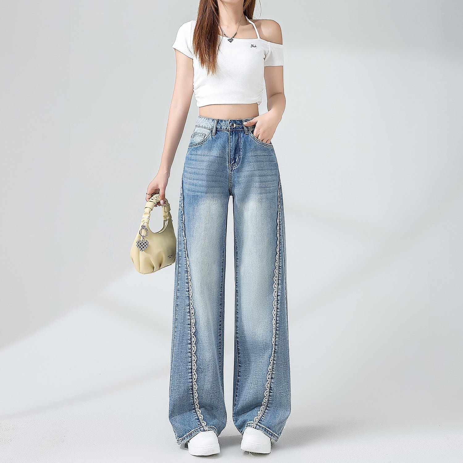 Women’s Lace Detail Wide Leg Straight Denim Jeans