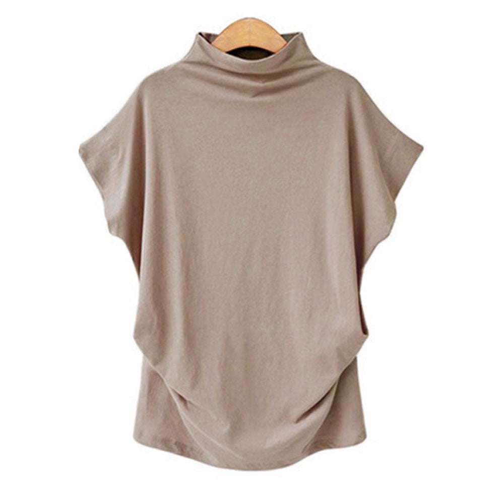 Women’s Draped High Neck Top with Short Batwing Sleeves and Asymmetric Hem – Relaxed Oversized Style for Smart Casual and Evening Outfits