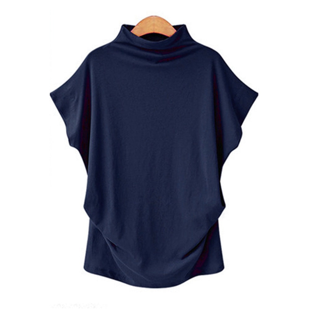 Women’s Draped High Neck Top with Short Batwing Sleeves and Asymmetric Hem – Relaxed Oversized Style for Smart Casual and Evening Outfits