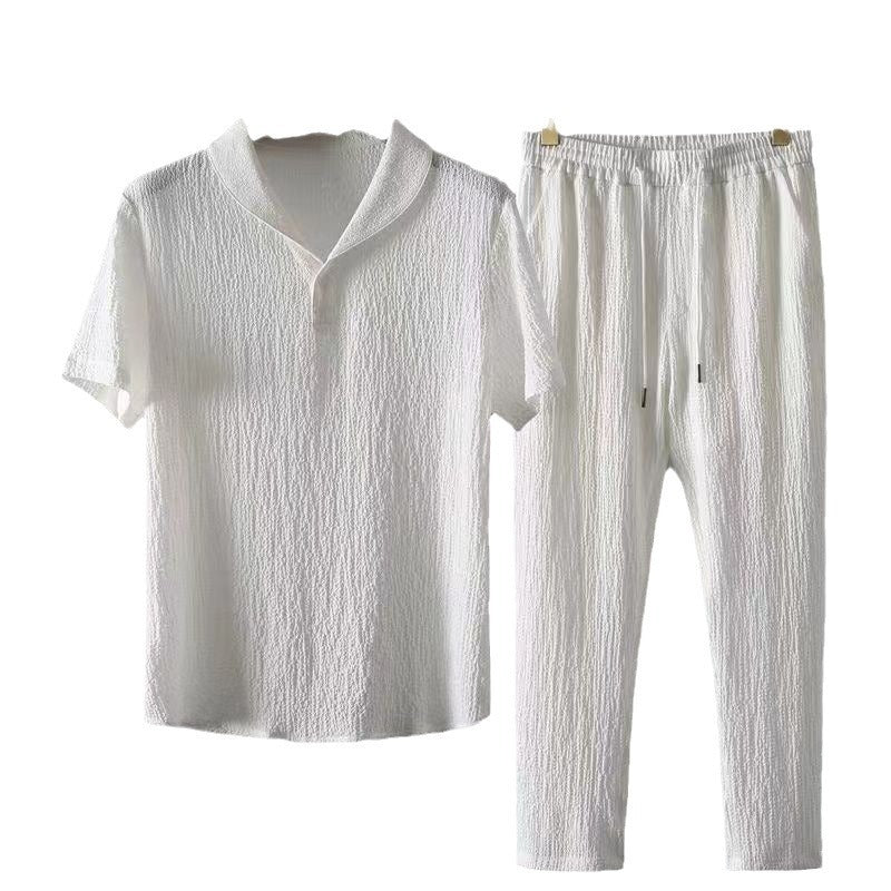 Men’s Textured Shawl Collar Shirt and Tapered Trousers Set