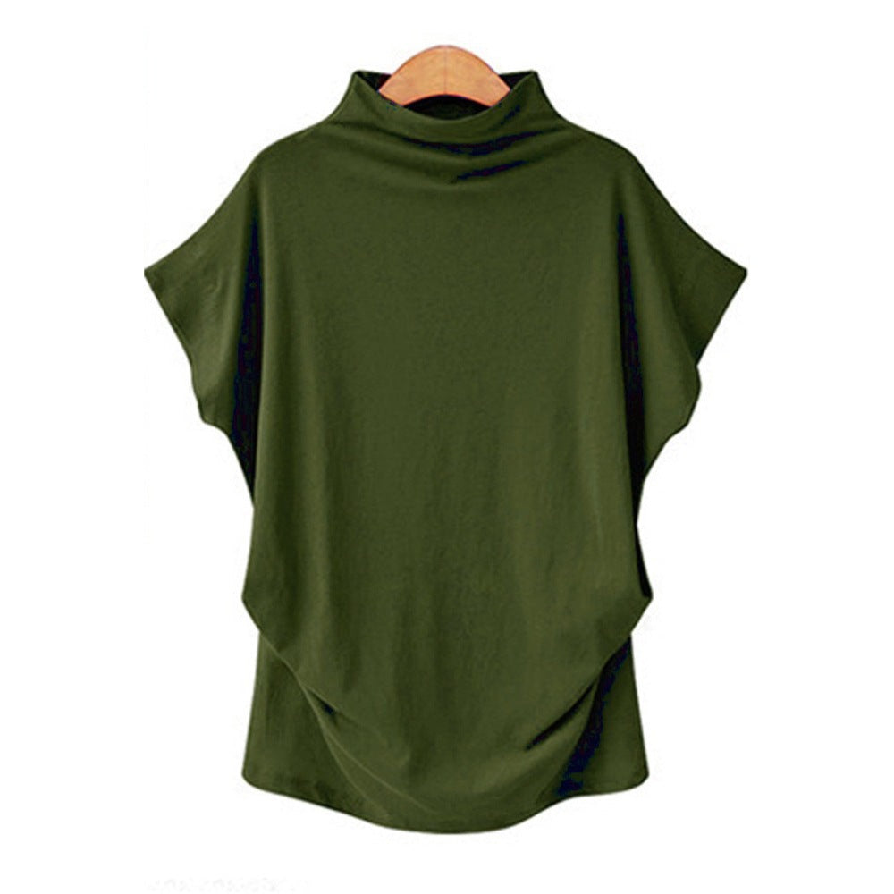 Women’s Draped High Neck Top with Short Batwing Sleeves and Asymmetric Hem – Relaxed Oversized Style for Smart Casual and Evening Outfits