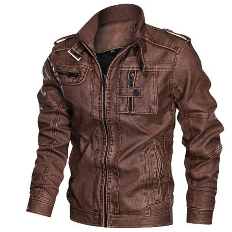 Jachetă bărbătească din piele ecologică cu aspect uzat, guler ridicat și buzunare cu fermoar – stil vintage de motociclist, pentru toamnă și ținute casual