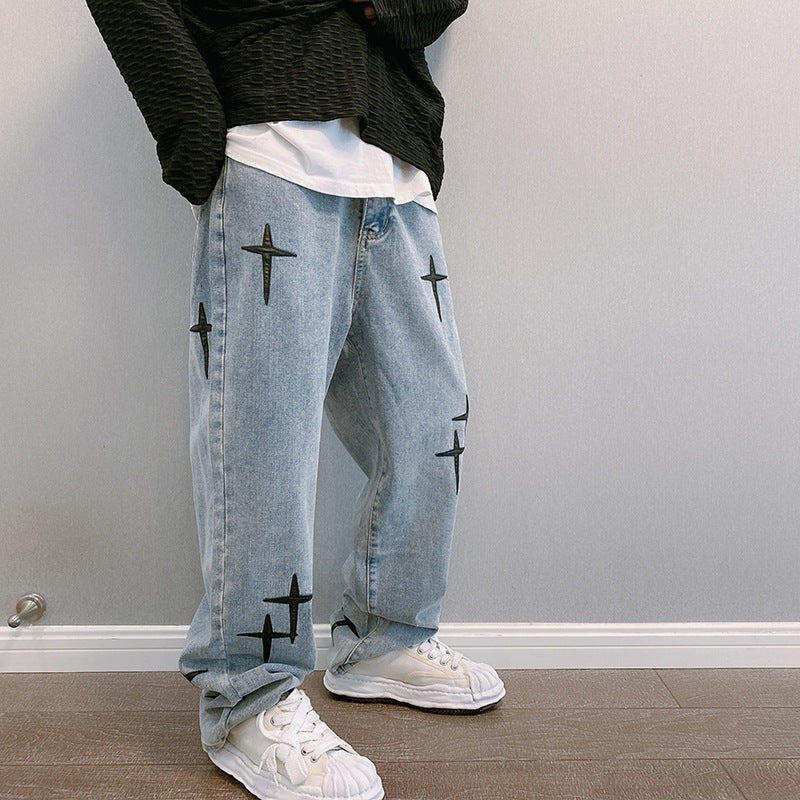 Men’s Graphic Baggy Wide-Leg Jeans – Relaxed Streetwear Denim for Everyday Wear