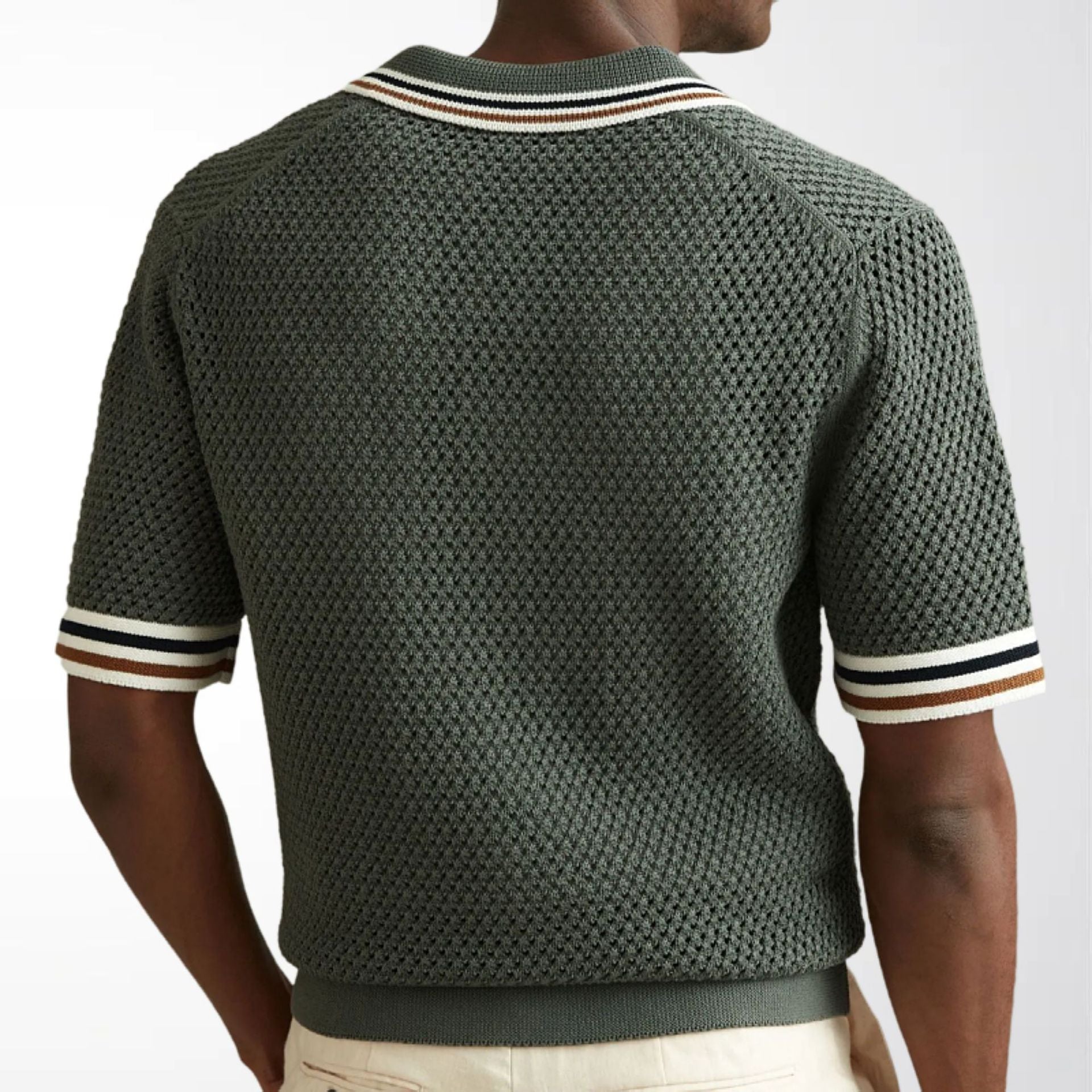 Men’s Textured Knit Polo Shirt Striped Trim Button Front