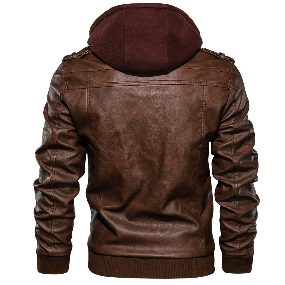 Men’s Hooded Leather Moto Jacket – Multi-Zip Casual Layer for Cooler Days