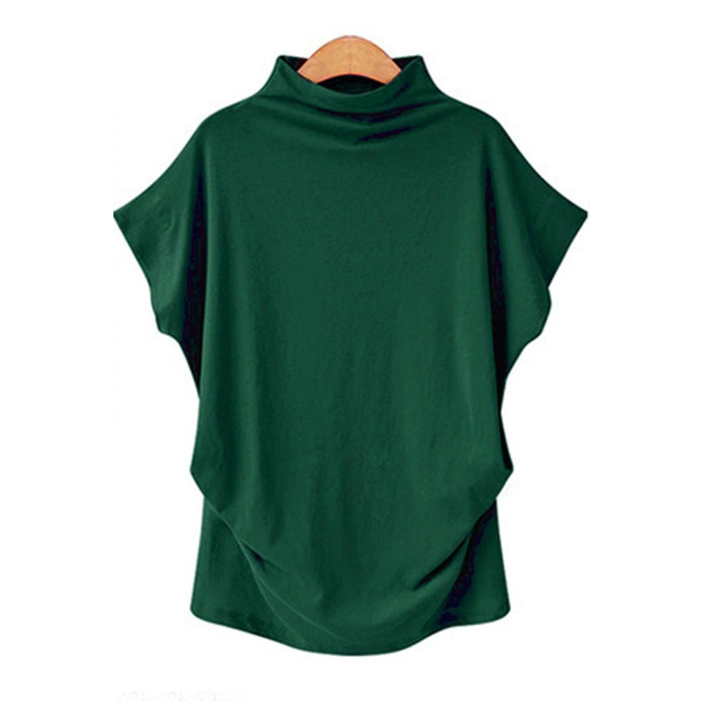 Women’s Draped High Neck Top with Short Batwing Sleeves and Asymmetric Hem – Relaxed Oversized Style for Smart Casual and Evening Outfits